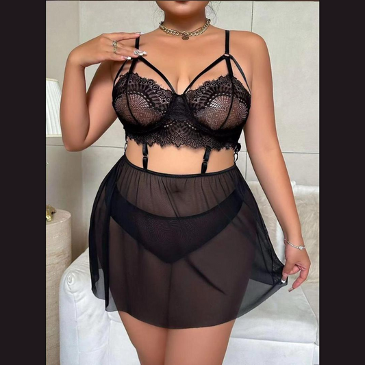 🖤 Ensemble Lingerie Noire Dentelle & Voile – Élégance Fatale