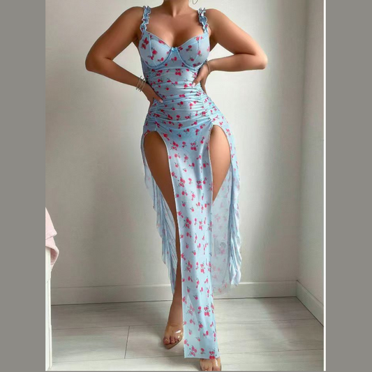 🌸 Robe Longue Fendue Fleurie – Séduction & Élégance