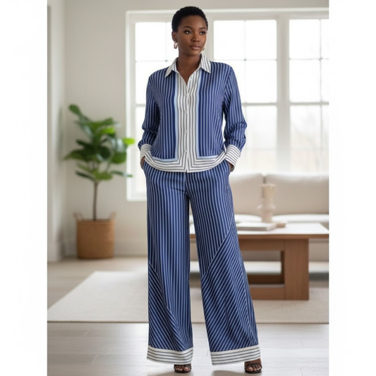 Ensemble Élégance Rayée Bleu & Blanc – Chic Moderne et Confort Absolu