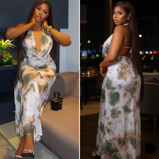 Robe Longue Décolleté Profond Tie-Dye Vert – Confiance & Séduction