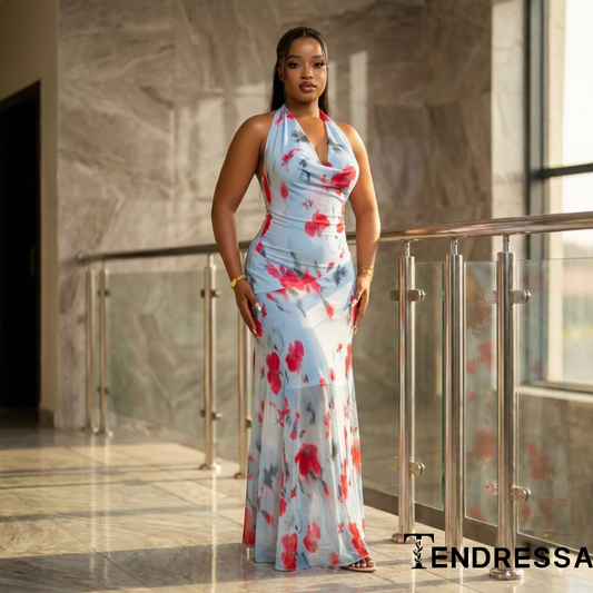 Robe Longue Fleurie Bleu Ciel – Élégance Sensuelle