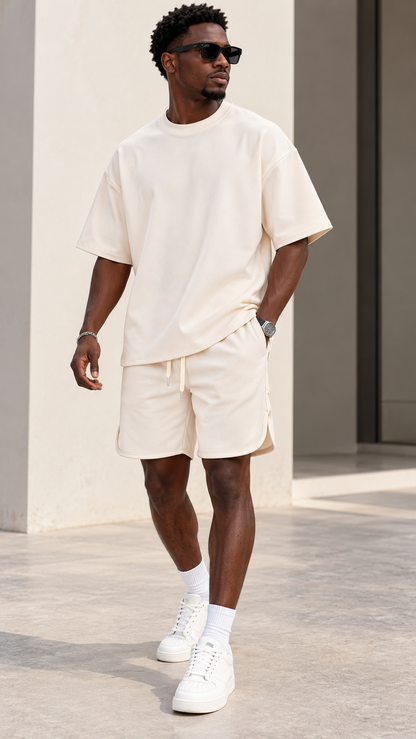 Ensemble homme t-shirt oversize et short fendu crème - Tendressa