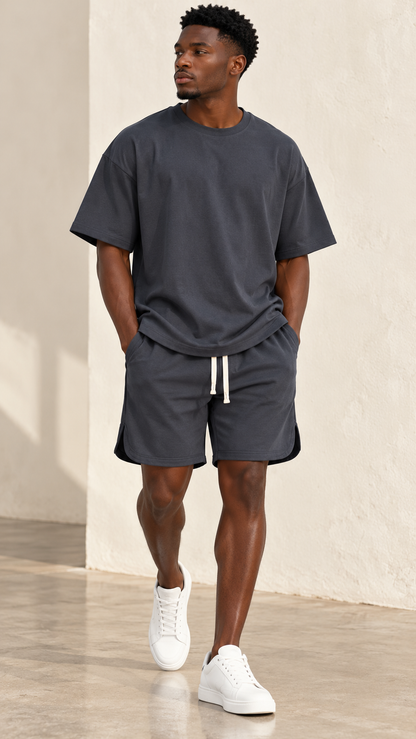 Ensemble homme t-shirt oversize et short fendu gris anthracite - Tendressa