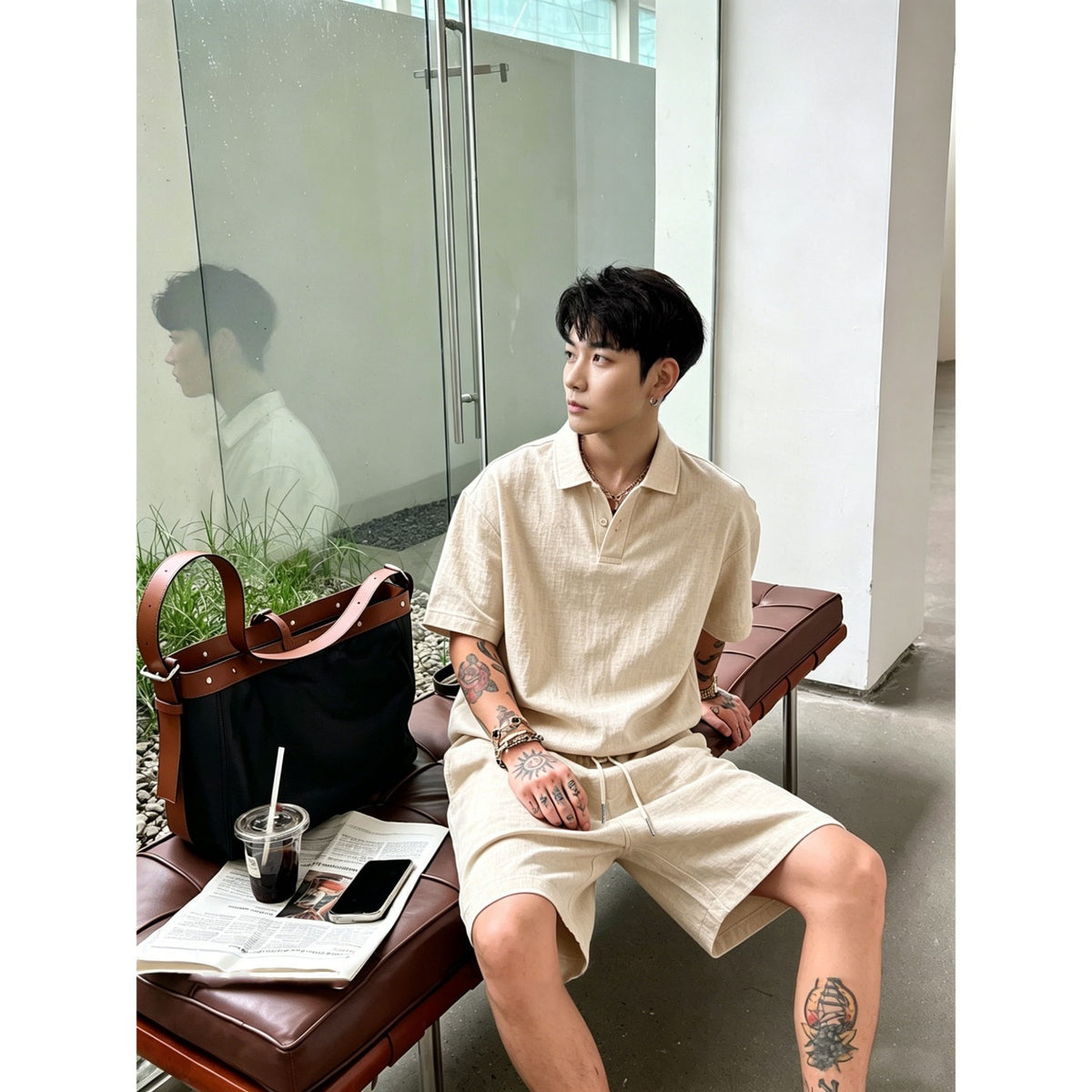 Ensemble homme polo texturé et short à cordon