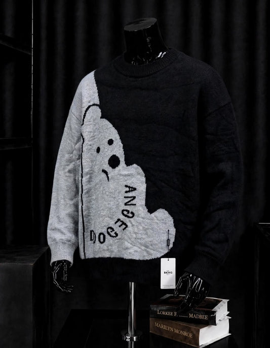 Pull Homme Oversize Noir et Gris à Motif Graphique