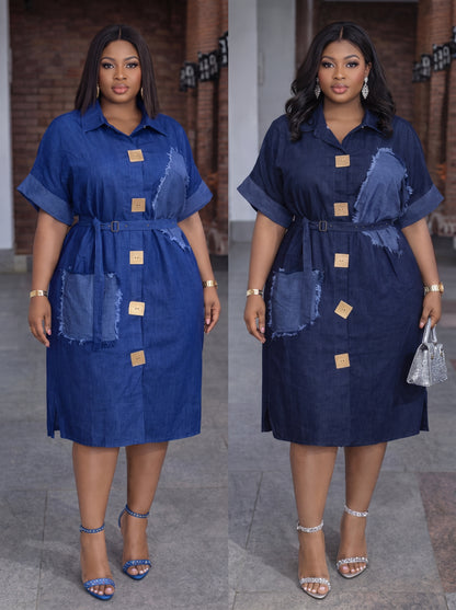 Robe chemise midi en jean à patchs Tendressa