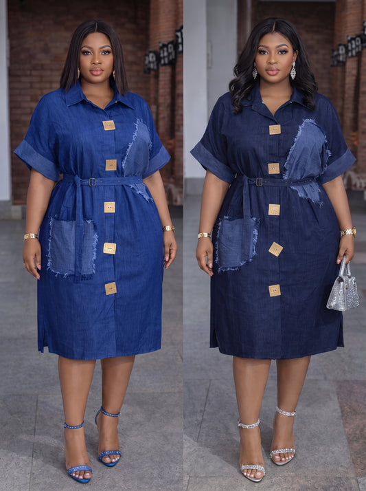 Robe chemise midi en jean à patchs Tendressa