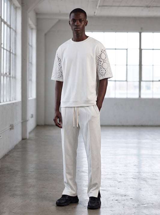 Ensemble Homme Blanc - T-shirt et Pantalon, Manche Ajourée