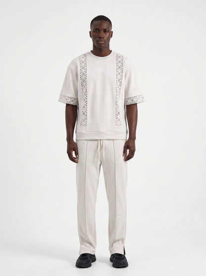 Ensemble homme blanc a bandes crochet, tenue complete