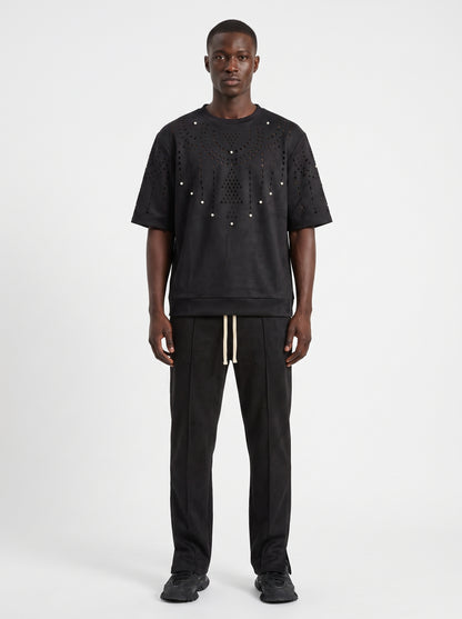 Ensemble homme noir a perforations et perles, tenue complete