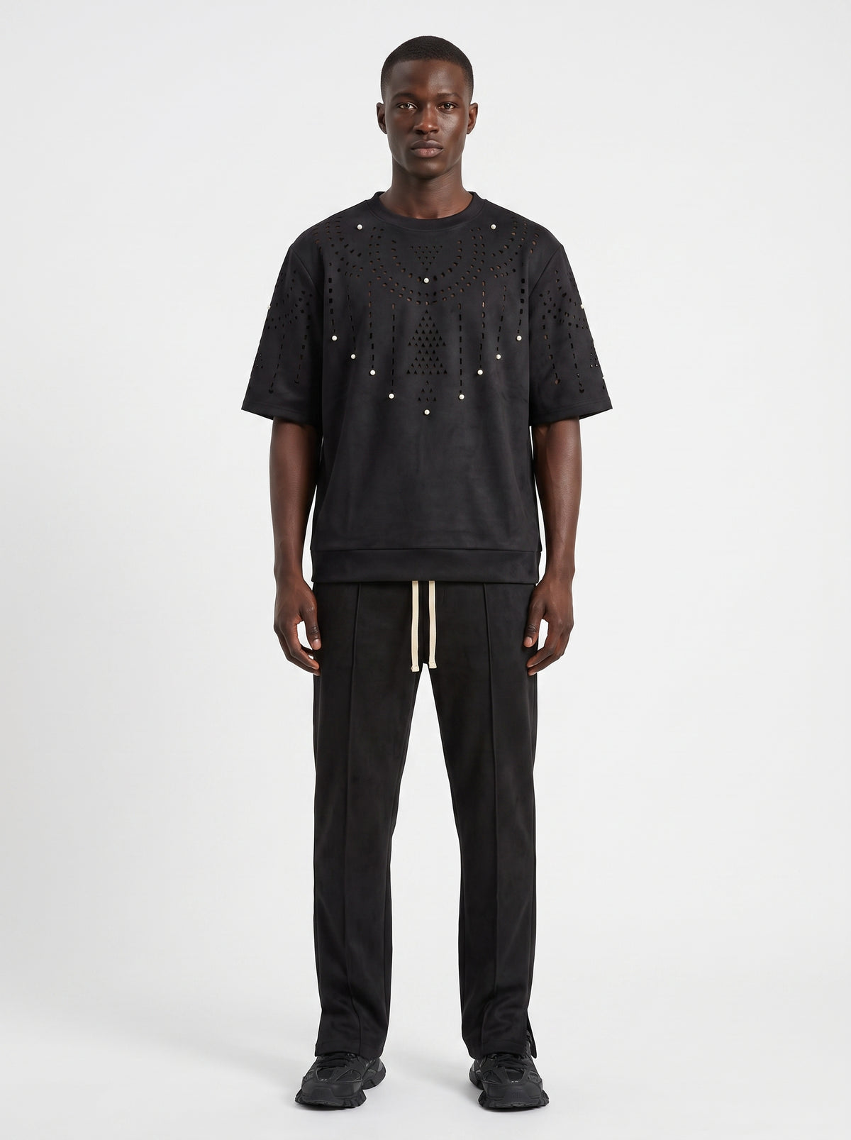 Ensemble Homme Noir - T-shirt et Pantalon, Perforations et Perles