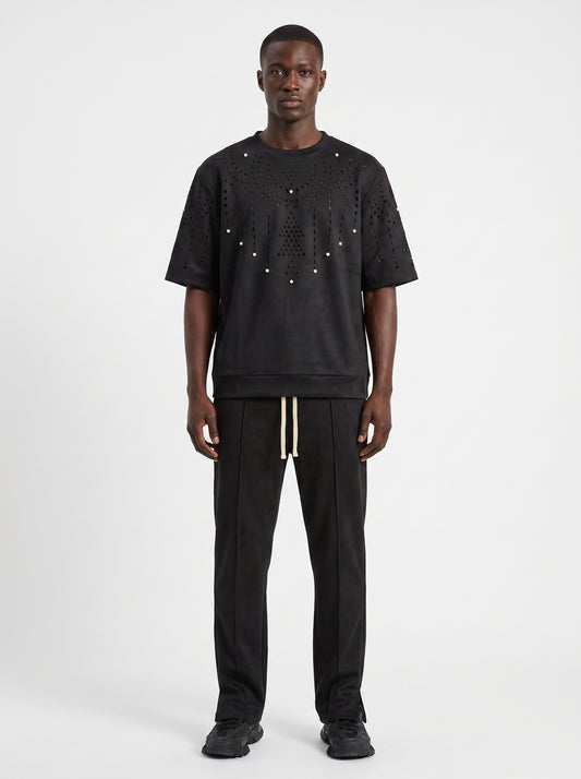 Ensemble Homme Noir - T-shirt et Pantalon, Perforations et Perles