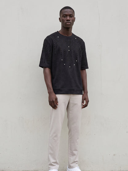 Ensemble Homme Noir - T-shirt et Pantalon, Perforations et Perles