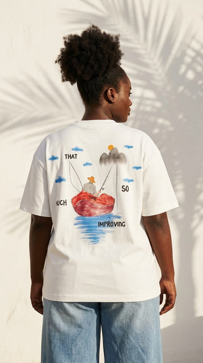T-shirt oversize pêcheur blanc porté, vue de dos