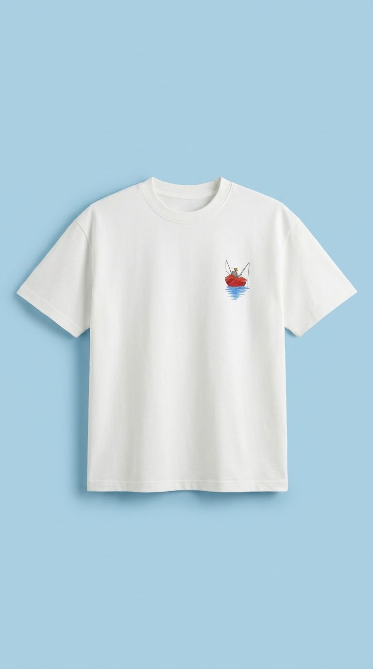 T-shirt oversize pêcheur blanc, devant avec petite barque