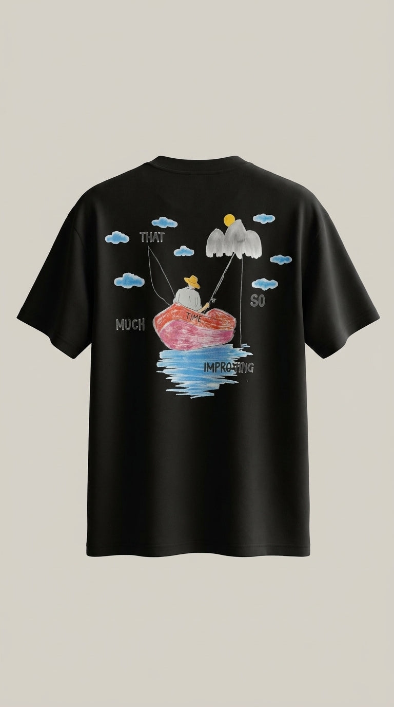 T-shirt oversize pêcheur noir, dos avec dessin barque That much time so improving