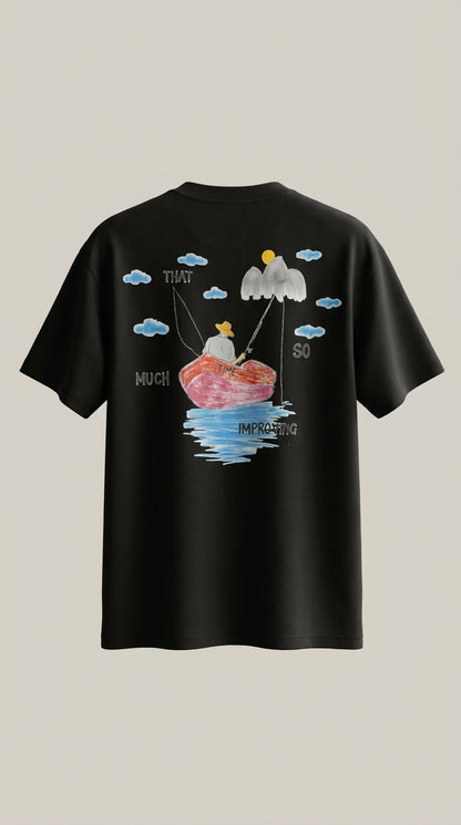 T-shirt oversize pêcheur noir, dos avec dessin barque That much time so improving