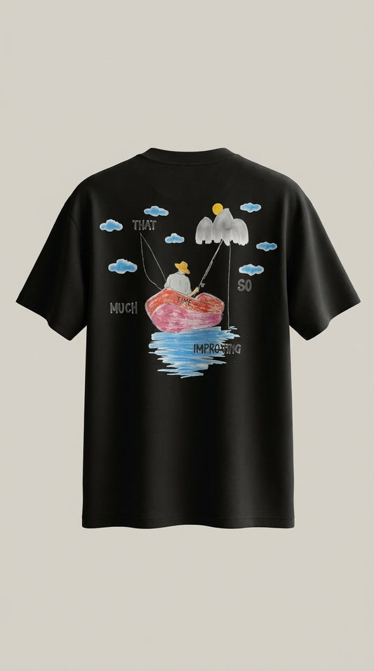 T-shirt oversize pêcheur noir, dos avec dessin barque That much time so improving
