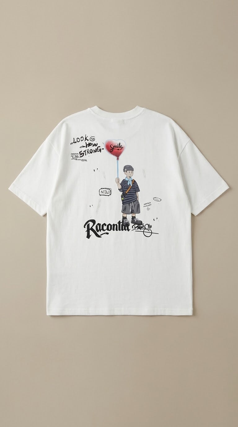T-shirt oversize Racontia blanc, dos avec personnage au ballon cœur Smile