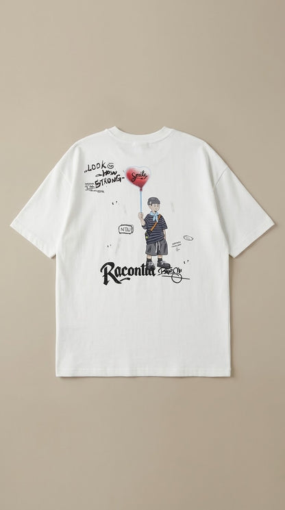 T-shirt oversize Racontia blanc, dos avec personnage au ballon cœur Smile