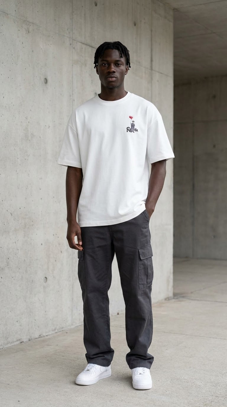T-shirt oversize Racontia blanc porté, devant avec petit motif poitrine