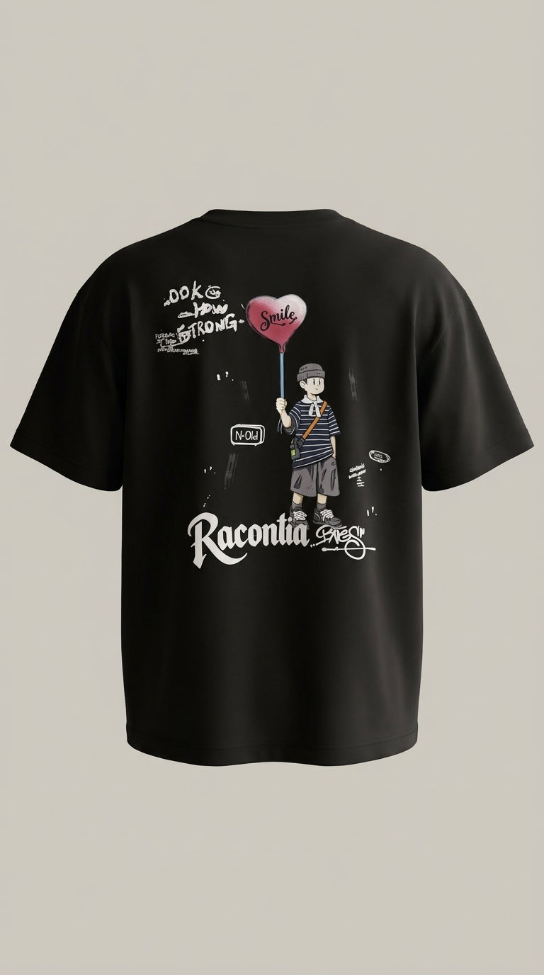 T-shirt oversize Racontia noir, dos avec personnage au ballon cœur Smile