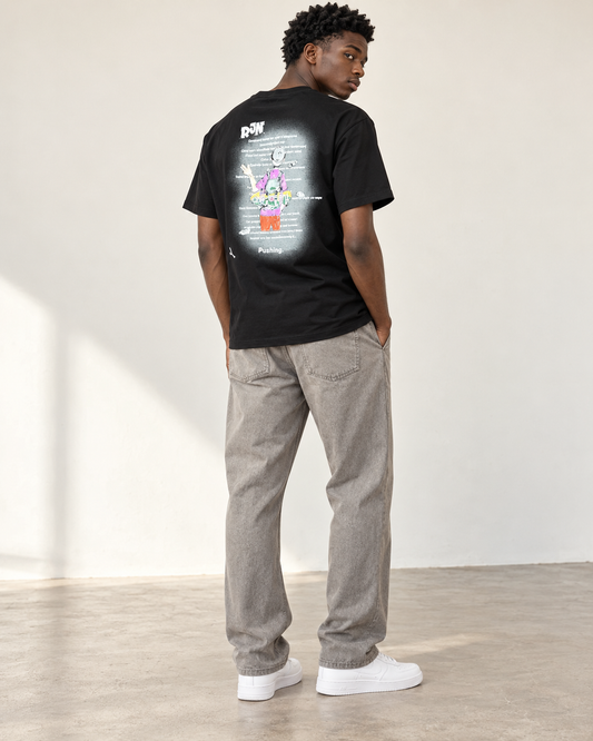 T-shirt homme noir imprimé Run Pushing porté, vue de dos