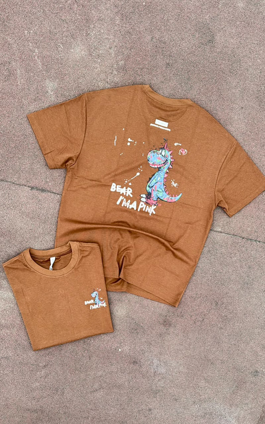 T-shirt oversize camel dinosaure Bear I'm a Pink, dos et devant