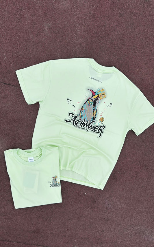 T-shirt oversize vert pastel pingouin graffiti, dos et devant