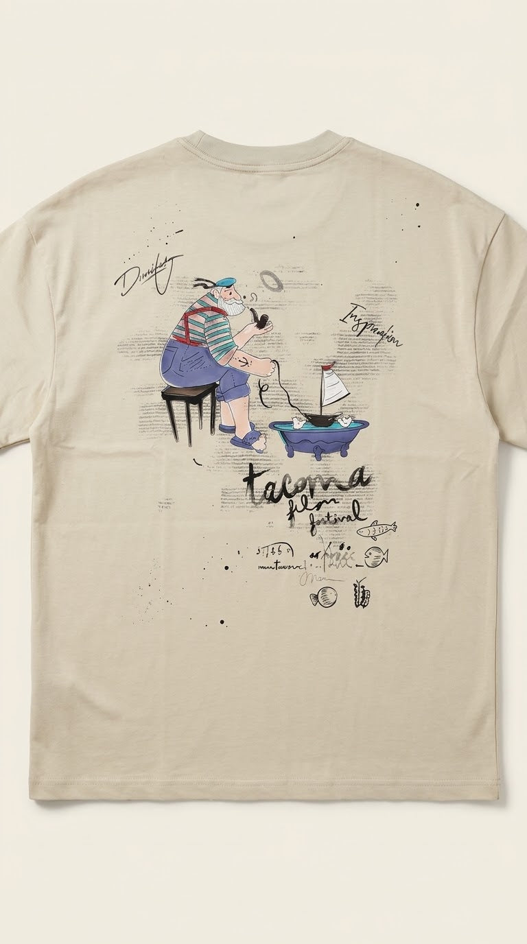 T-shirt oversize beige, dos avec vieux marin et voilier tacoma