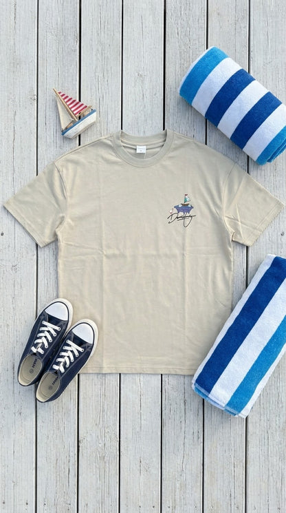 T-shirt oversize beige tacoma, vue de face à plat