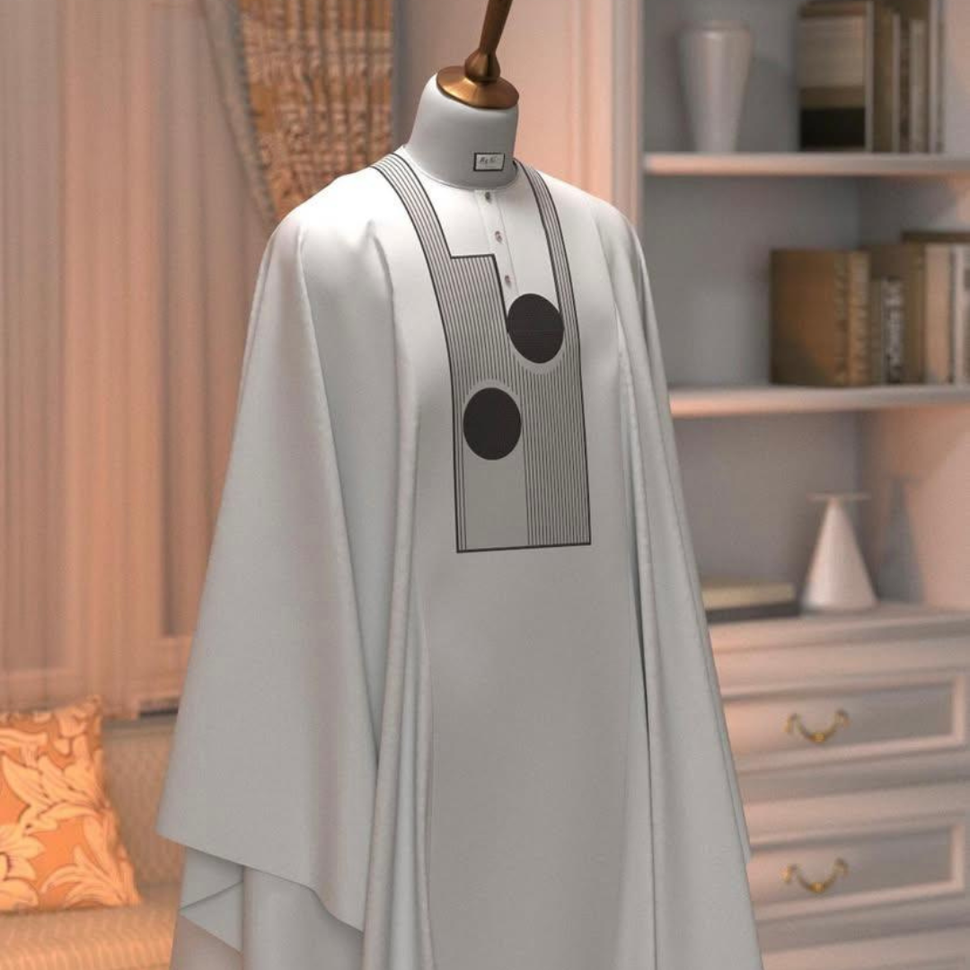 Élégance Futuriste – Ensemble Boubou 3 Pièces Blanc aux Motifs Graphiques