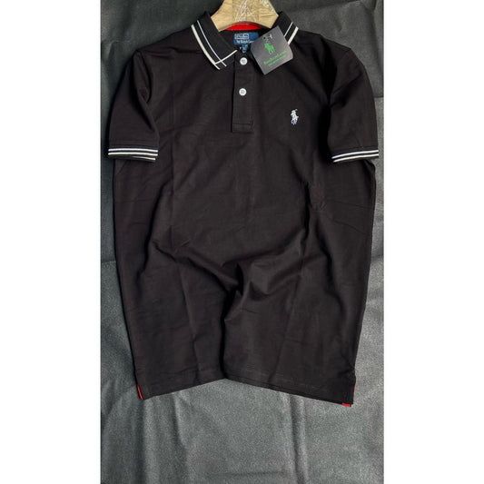 Polo Noir Élégant avec Rayures Blanches