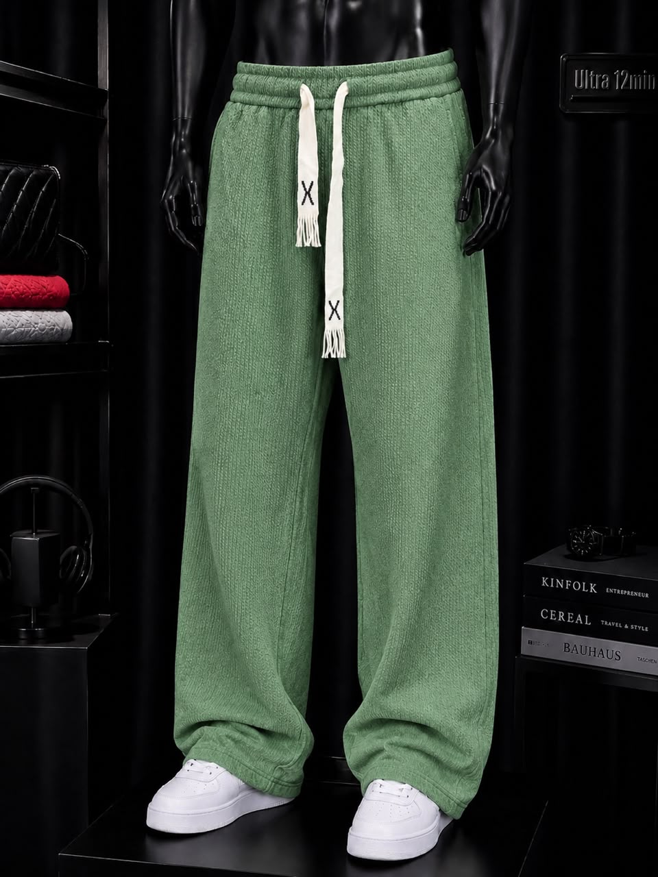 Pantalon large vert sauge texturé côtelé