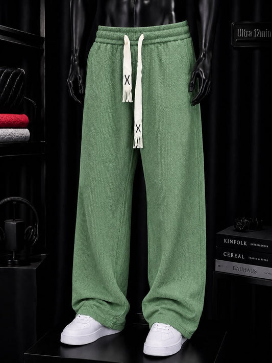 Pantalon large vert sauge texturé côtelé