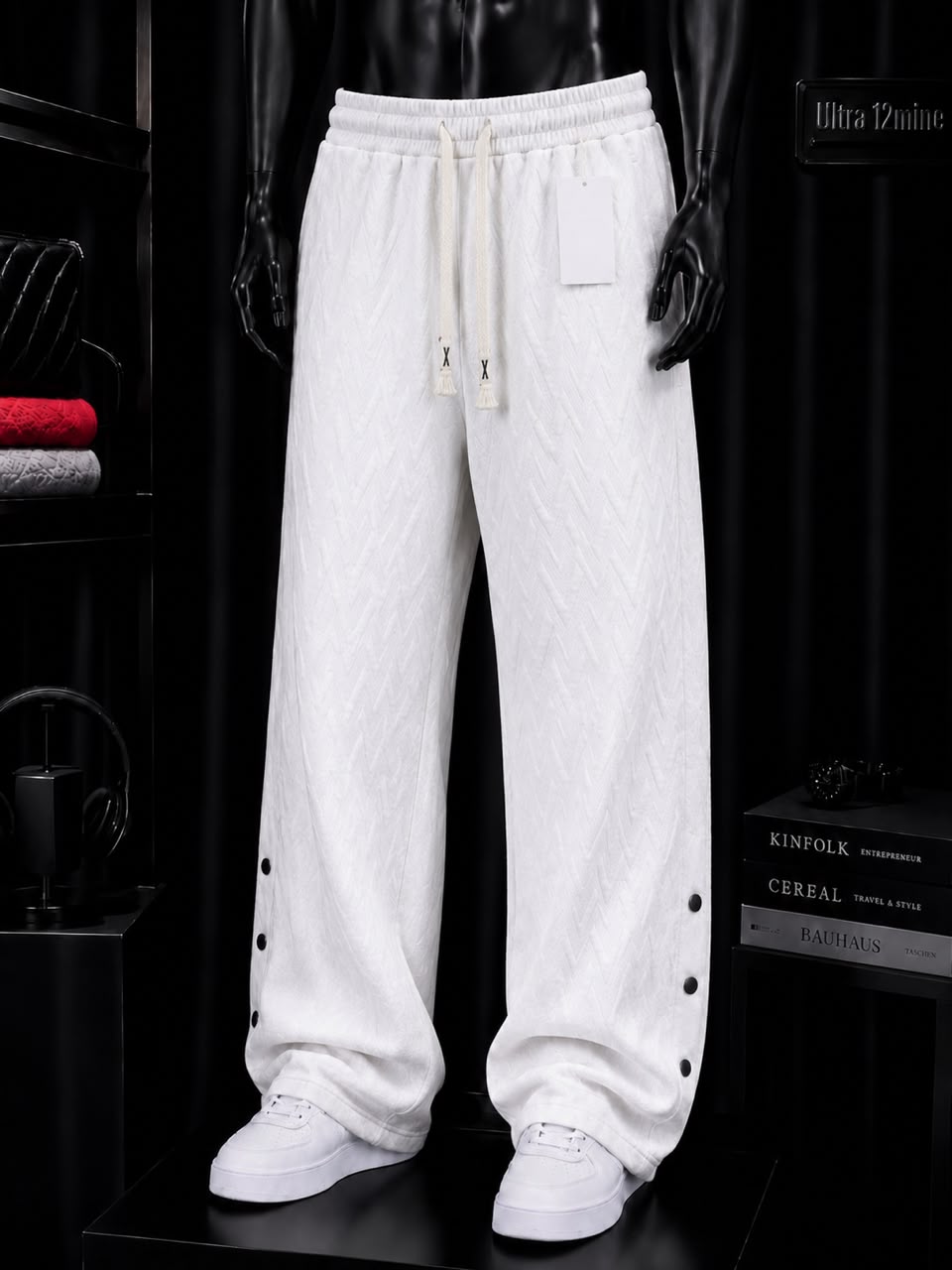 Pantalon large blanc chevron à boutons pression