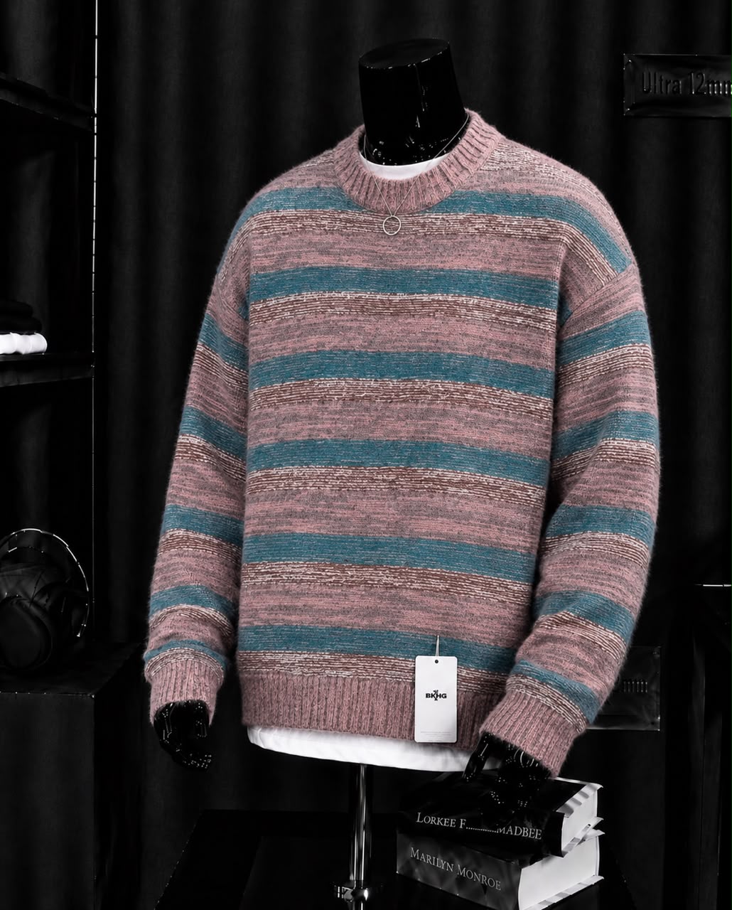 Pull rayé chiné rose turquoise