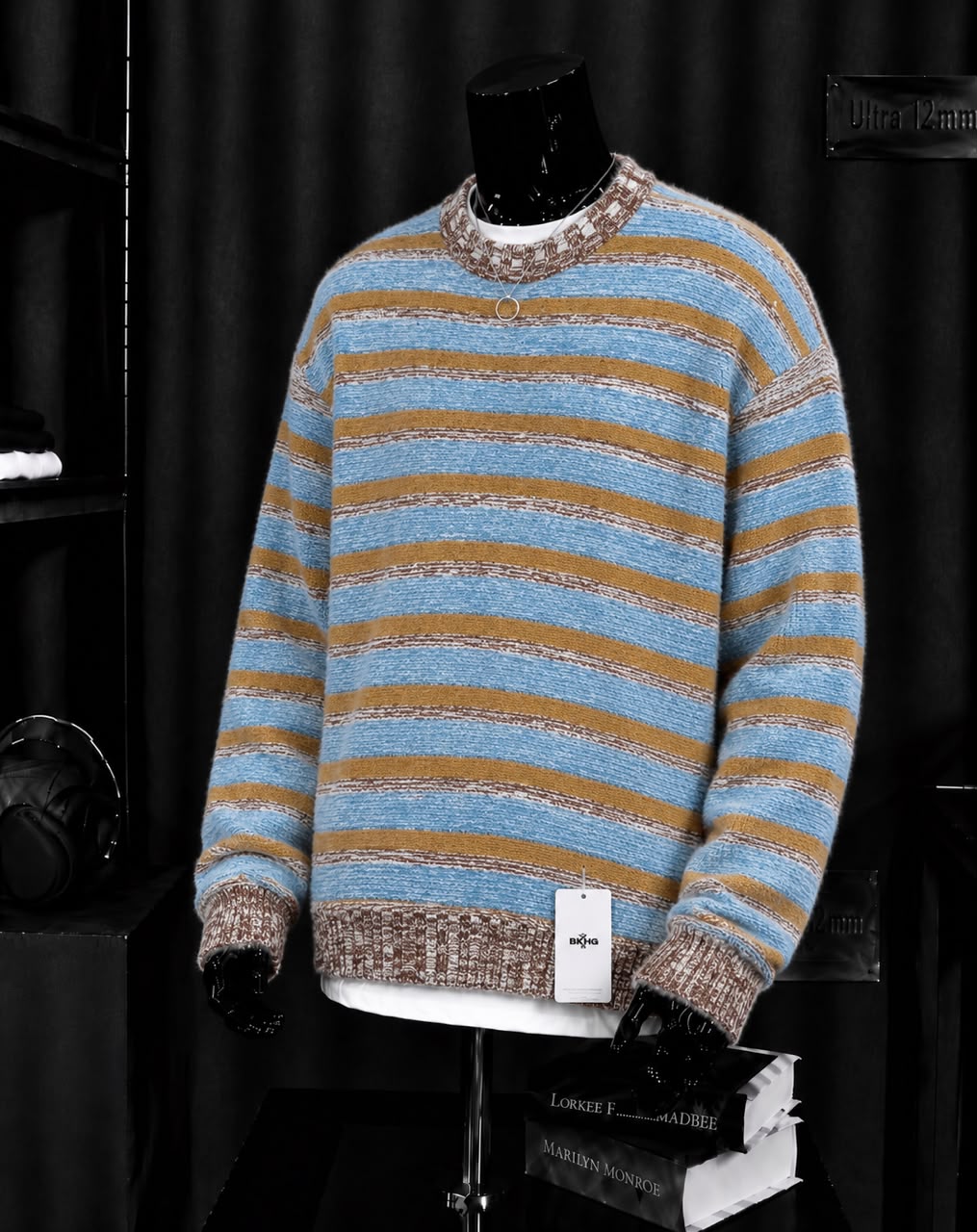 Pull rayé bleu ciel moutarde chiné