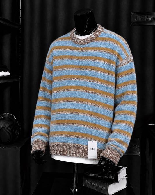 Pull rayé bleu ciel moutarde chiné