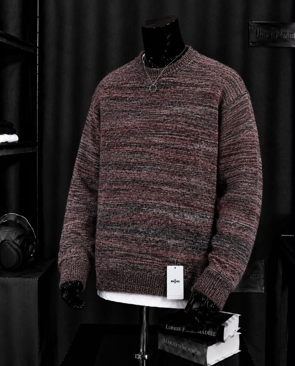Pull tricot chiné bordeaux profond