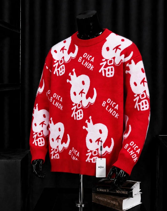 Pull Homme Oversize Rouge à Motifs Graphiques Blancs