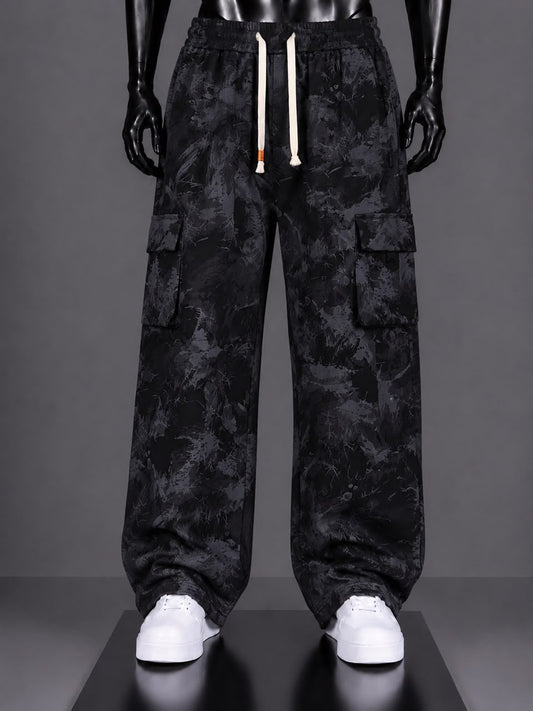 Pantalon cargo noir imprimé camouflage