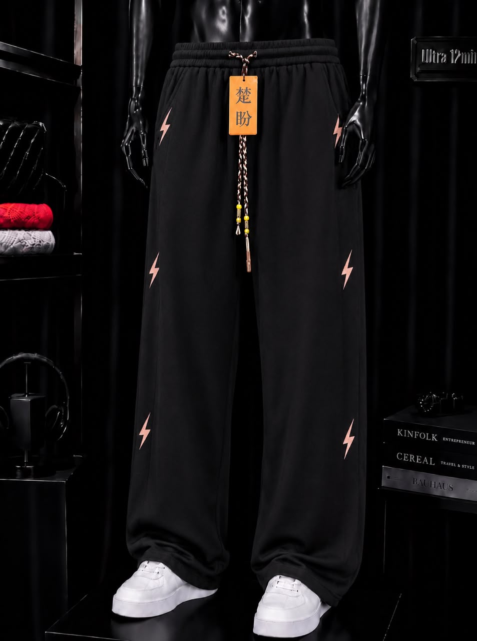 Pantalon jogging noir éclairs corail