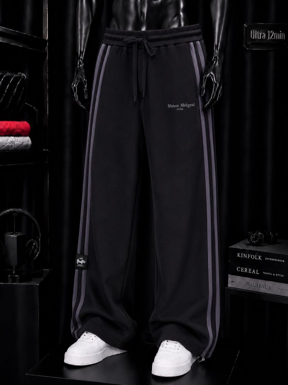 Pantalon large noir bandes grises