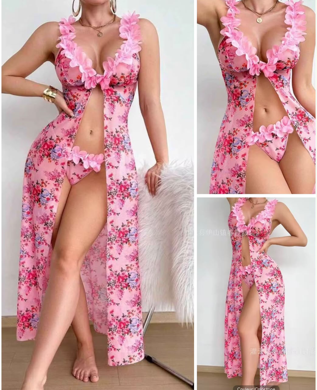 Ensemble robe fendue rose fleurie fleurs 3D bas assorti — Tendressa