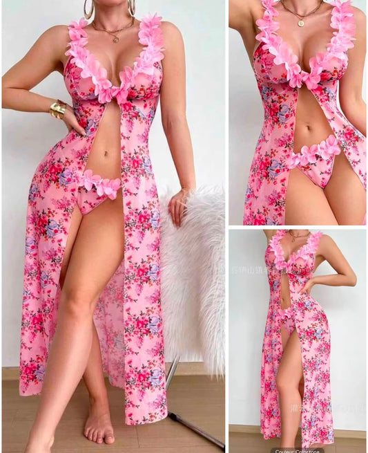 Ensemble robe fendue rose fleurie fleurs 3D bas assorti — Tendressa