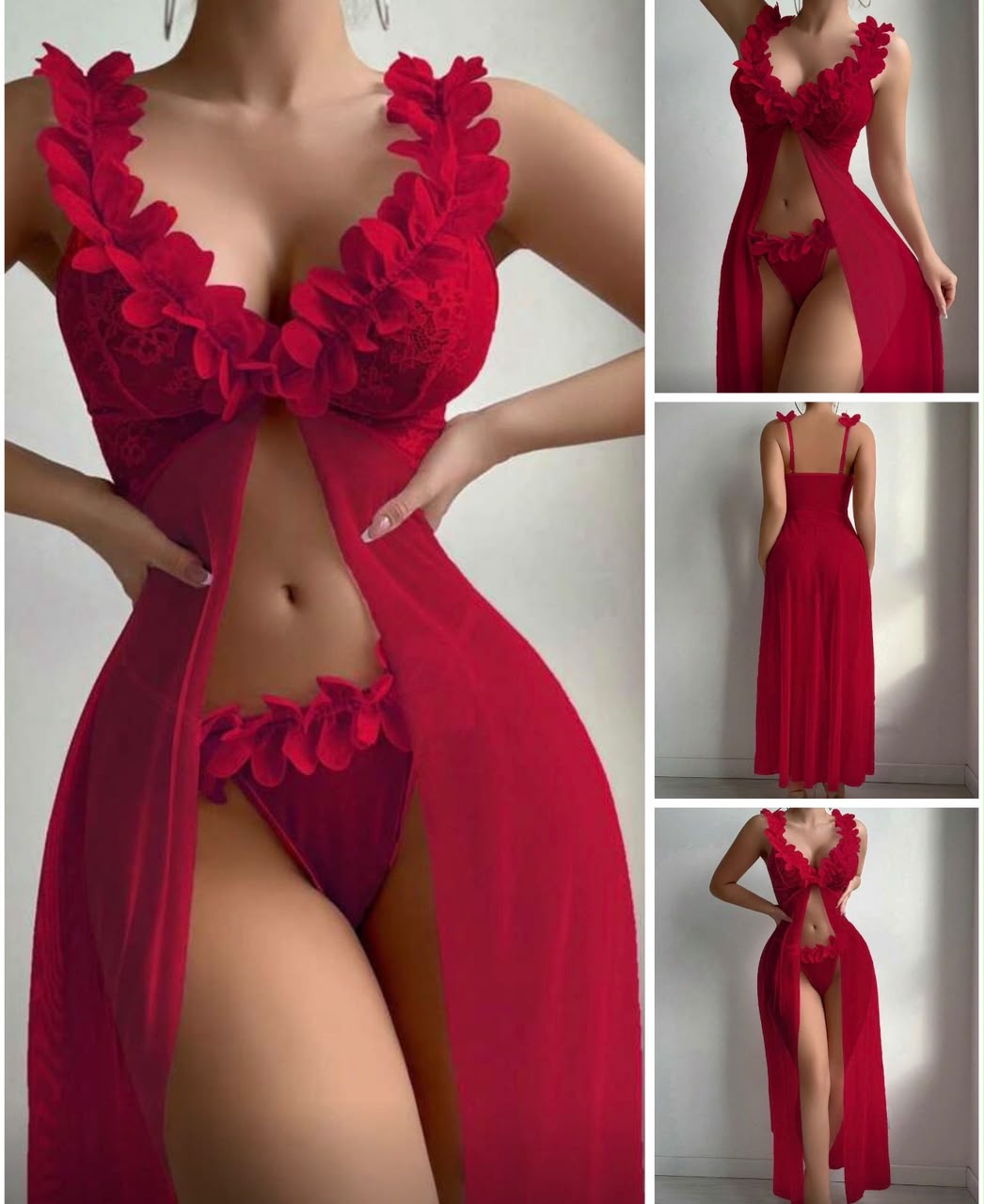 Ensemble robe fendue rouge fleurs 3D bas assorti — Tendressa