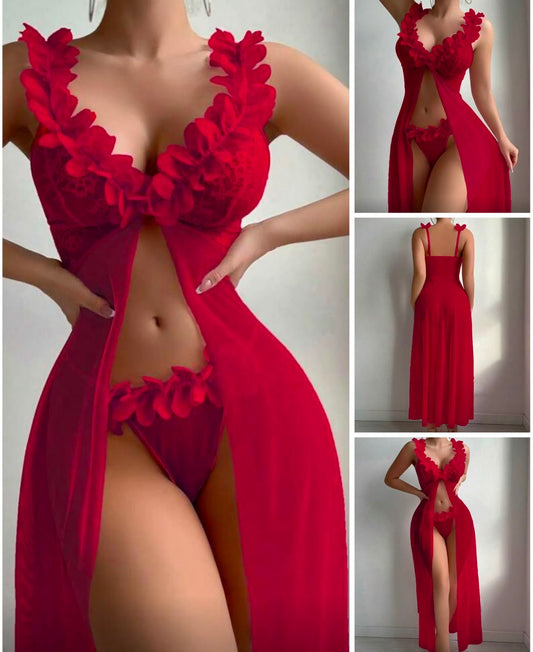 Ensemble robe fendue rouge fleurs 3D bas assorti — Tendressa