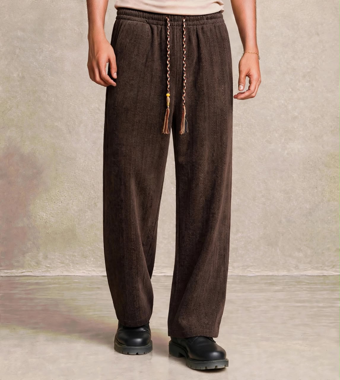 Pantalon large marron velours pompons — Tendressa