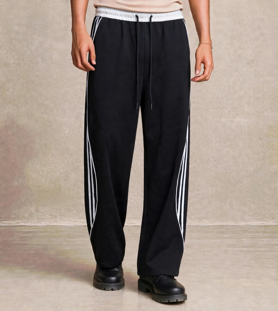 Pantalon jogging noir bandes blanches courbées — Tendressa